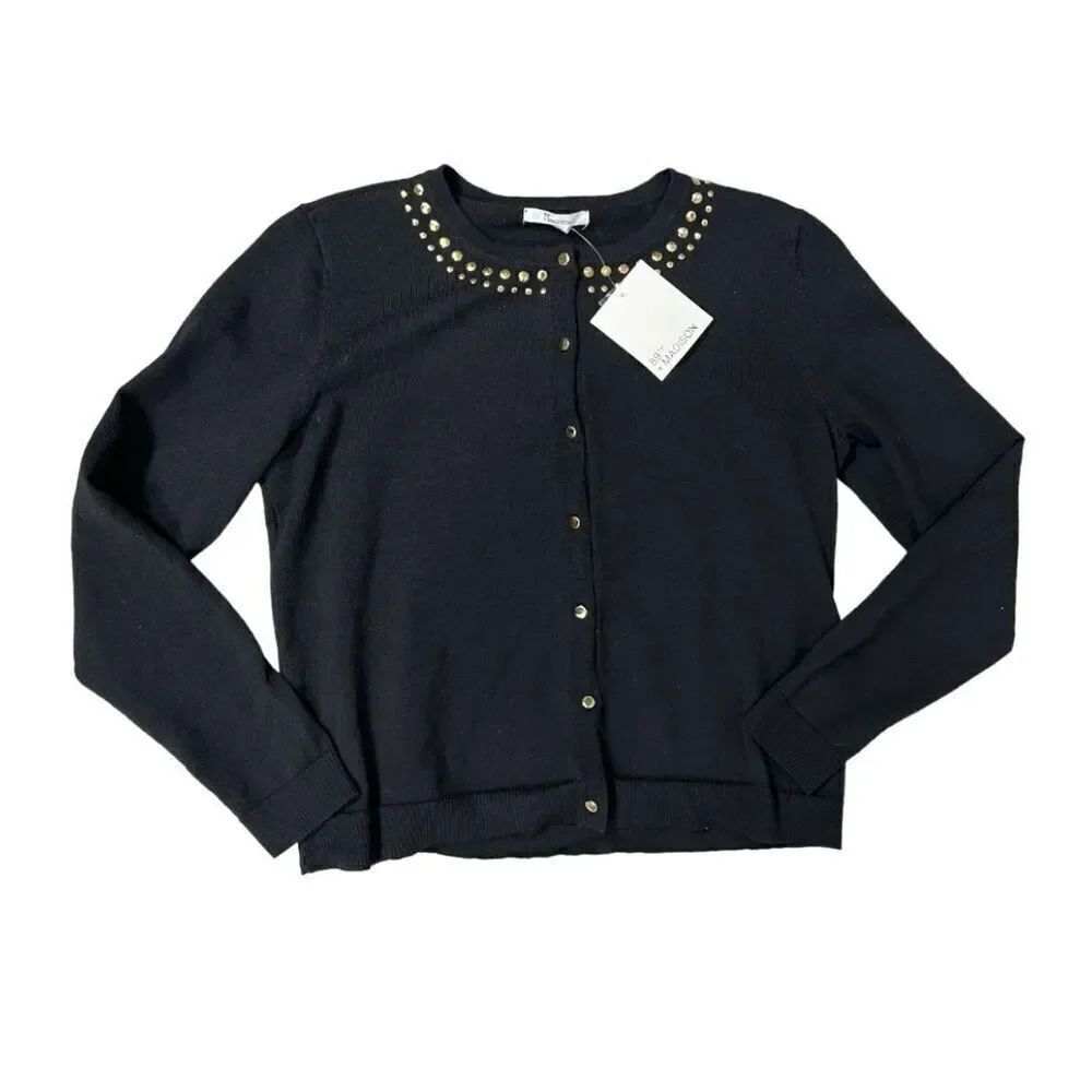 NWT Womens 89th & Madison Black Gold Studded Cardigan Sweater - Sz M